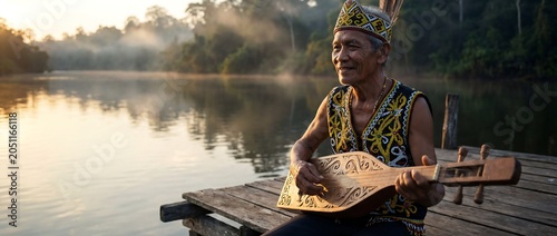Elderly indigenous man playing a traditional stringed instrument on a wooden dock by a misty lake at sunrise.