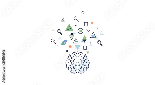 Abstract brain illustration with colorful geometric shapes and icons