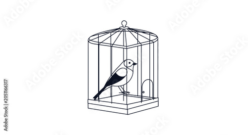 Illustration of a bird in a cage representing captivity and freedom