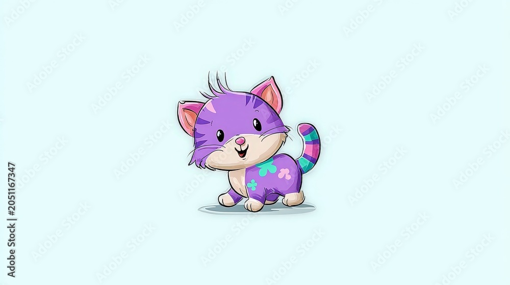 Fototapeta premium Cute Cartoon Kitten with Purple Fur and Playful Expressions