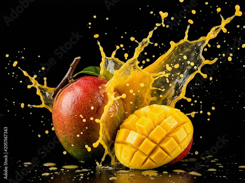 Mango and mango juice splash on black screen