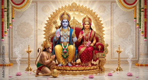 Hindu deities rama and sita sitting on golden throne with devotee hanuman kneeling in prayerful pose within ornate temple setting featuring traditional oil lamps and floral decorations for worship