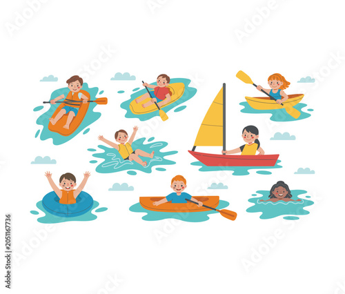 Canvas Print Children enjoying summer water activities with kayaking, swimming, boating and o