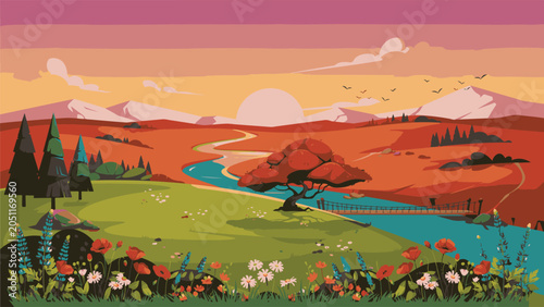 Serene Landscape with Winding River, Mountains, and Vibrant Sunset Sky nature water