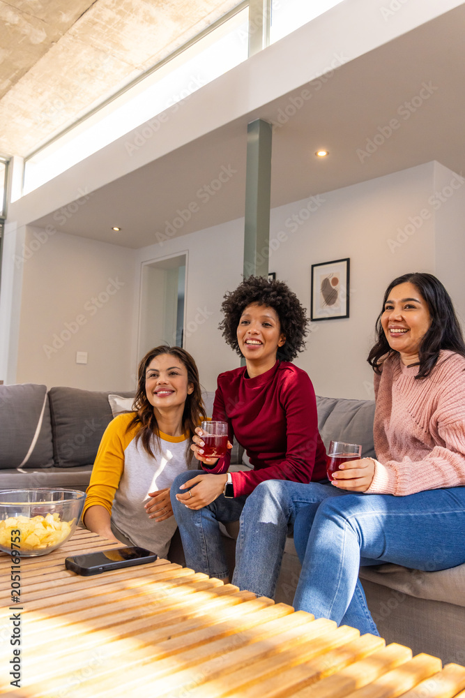 Fototapeta premium Diverse female friends sitting on gray sectional sofa in modern living room holding clear glasses