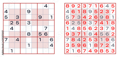 Cuadro en lienzo Expert-level Sudoku puzzle grid with additional fields and solution