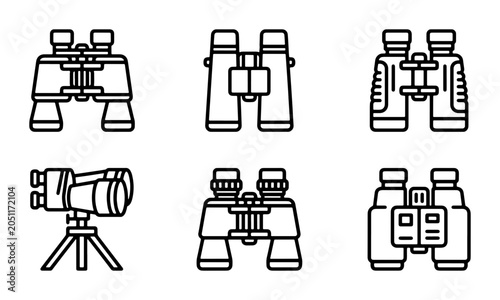 Binoculars Icons Set, Optical Zoom Devices, Magnifying View Tools, Surveillance Equipment