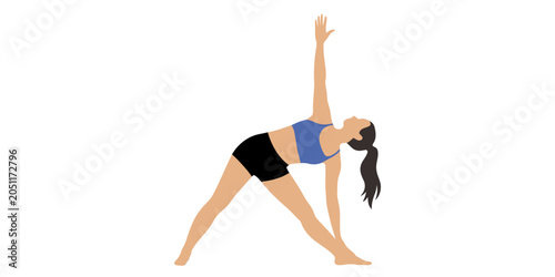 Obraz na plátně Woman doing triangle yoga pose stretching her body in a healthy active lifestyle