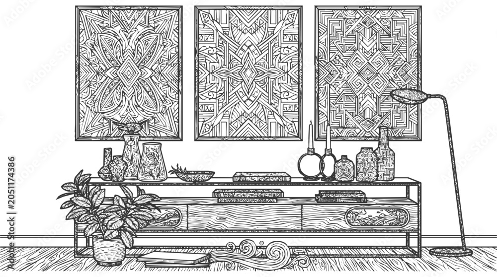 Fototapeta premium Hand-drawn interior sketch of a living room with geometric wall art and wooden furniture on a sideboard with indoor plants and decor