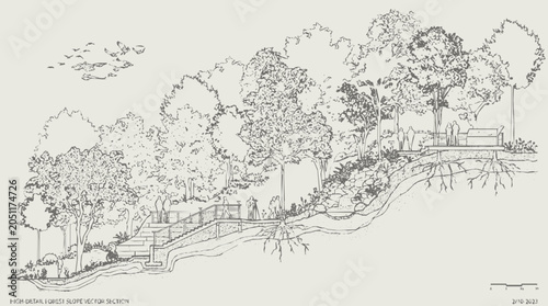 Detailed architectural section of a landscape design for a forest slope featuring a park walkway and line art illustration of people and nature