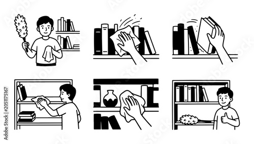 Fotografi Home Cleaning Routine, Dusting Bookshelf, Tidying Up, Organizing Books, Housekee