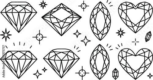 Bild auf Leinwand Diamond and precious gemstone line icon set featuring brilliant cut marquise hea