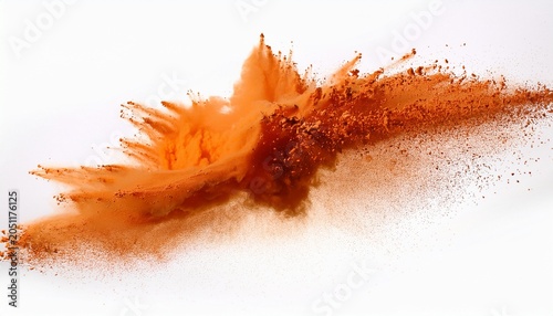 Abstract Orange Powder Explosion Closeup Of Orange Dust Particle Splash Isolated On White Background