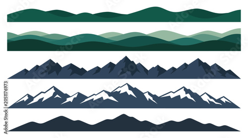 Minimalist mountain silhouette borders, flat vector landscape mountain ranges, green rolling hills and snowy peak dividers for outdoor design