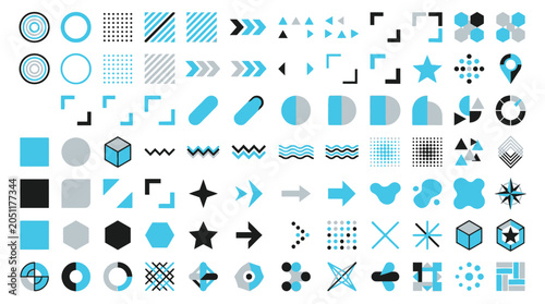 Abstract geometric shapes collection, blue and black minimal design elements vector set, modern flat icons for UI and infographics
