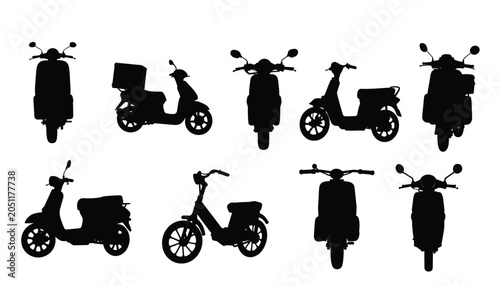 Motor Scooter and Moped Silhouette Set Isolated on White Background