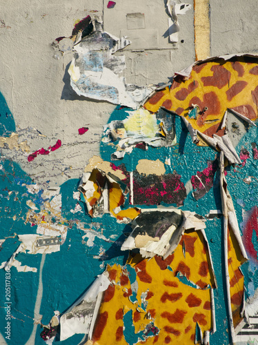 Poster remnants background. Poster wall. Graffiti. Textured colorful  surface. Grunge urban, city decor. Teal aesthetic. Vintage background. Graffiti optic. Berlin scene background. Berlin RAW. Traces