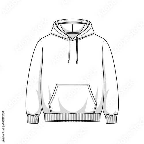 Black and white line drawing of a hooded sweatshirt with front pocket on white background