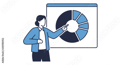 Woman presenting pie chart on whiteboard in business meeting illustration