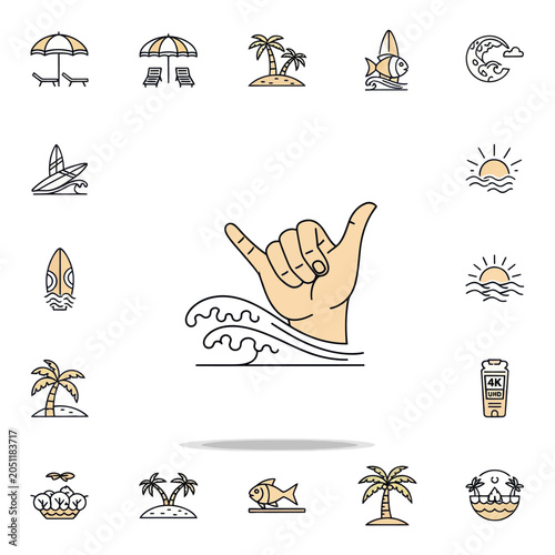 Shaka Hand Sign with Waves, Surfboard, Palm Trees, Beach Icons
