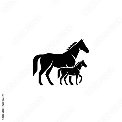 Silhouette of Adult Horse and Foal Standing Together on White Background