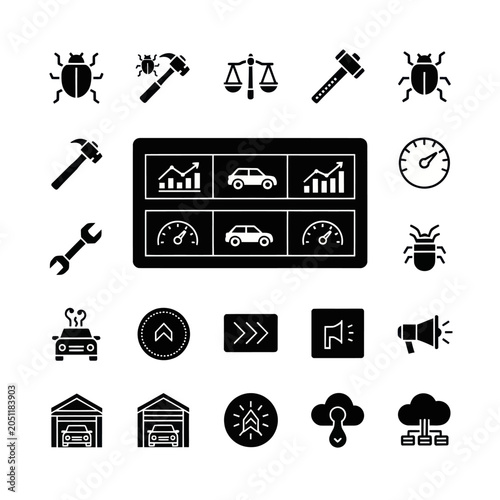 Software Development Icons: Bugs, Tools, Data, Cars, Cloud & More