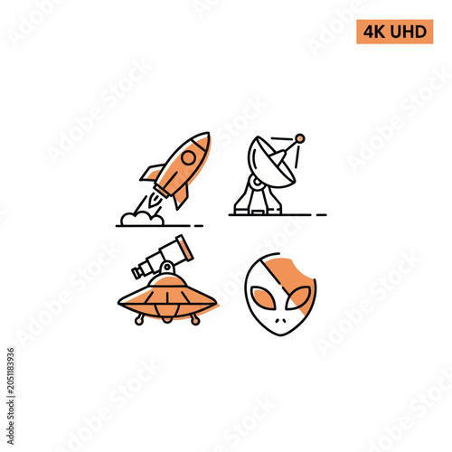 Space exploration icons: rocket, satellite dish, UFO, alien face, 4k uhd