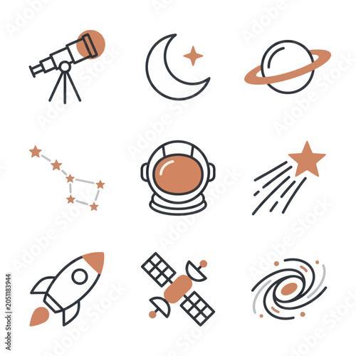 Space Exploration Icons: Telescope, Rocket, Astronaut, Planet, Moon, Star, Satellite