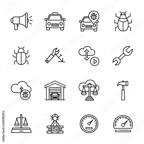 Software Testing Icons: Bug, Car, Tools, Cloud, Garage, Scales, Hammer, Speedometer