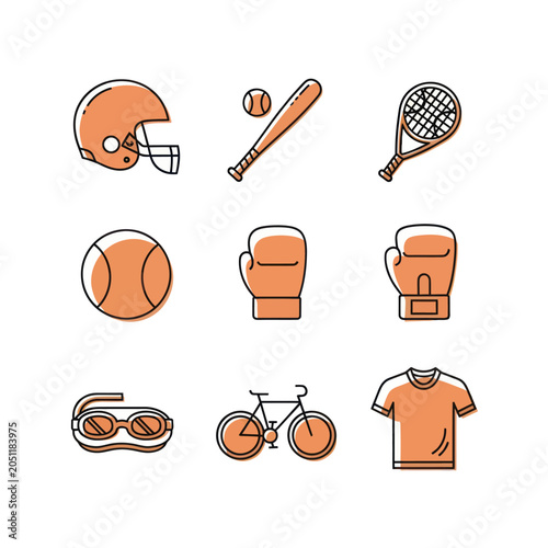 Sports Equipment Icons: Baseball, Tennis, Boxing, Cycling, Swimming, Football