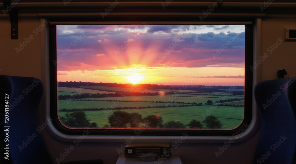 Naklejka premium View from train window at sunset. Sun sets over green fields and trees. Clouds glow pink and orange. Peaceful countryside journey through rural landscape.