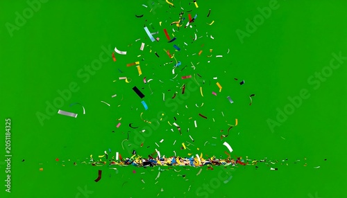 Colorful confetti rains down on a flat green plane, some already pooled on the surface below