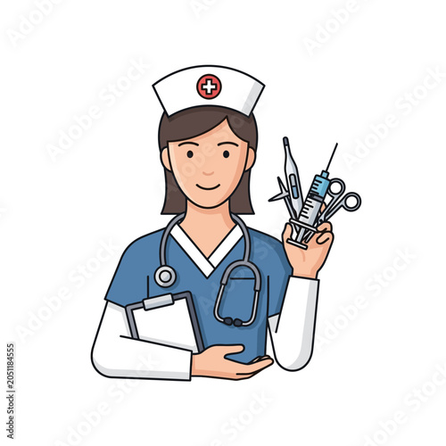 Cartoon nurse character holding medical instruments and clipboard in blue scrubs