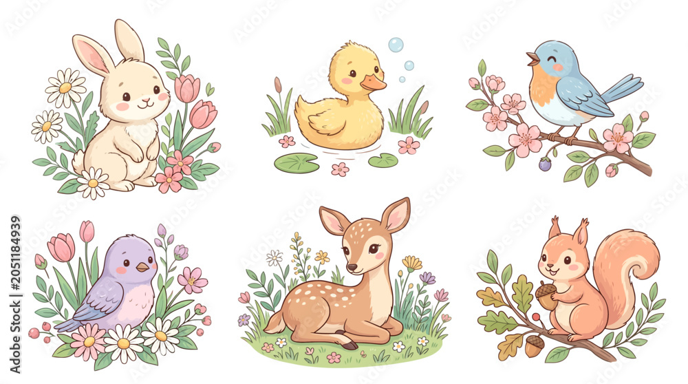Naklejka premium Adorable Woodland Creatures Collection Bunnies, Ducklings, Birds, Deer, and Squirrels with Flowers and Trees
