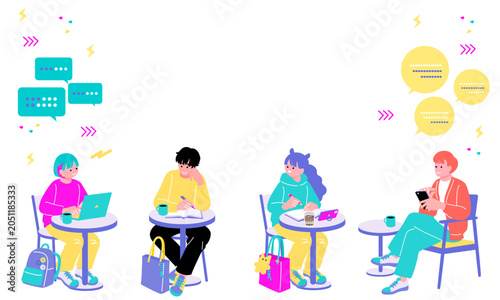 カフェで作業する若者たちのセットイラスト　ノートパソコン・勉強・スマホ・感情表現