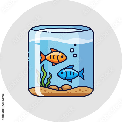 Colorful cartoon fish swimming in a glass fishbowl with plants and gravel
