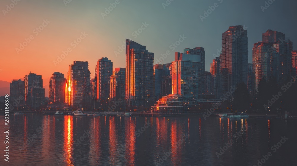 Obraz premium Modern city skyline at sunset with high-rise buildings reflecting on river