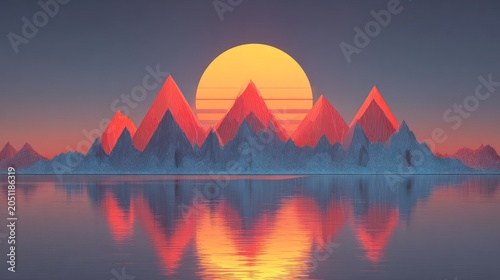 Stylized geometric mountain range reflects dramatically upon a calm body of water during sunset