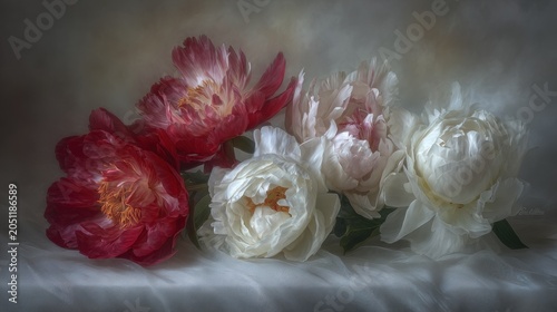 Arrangement of vibrant red and soft white blossoms rests upon draped fabric