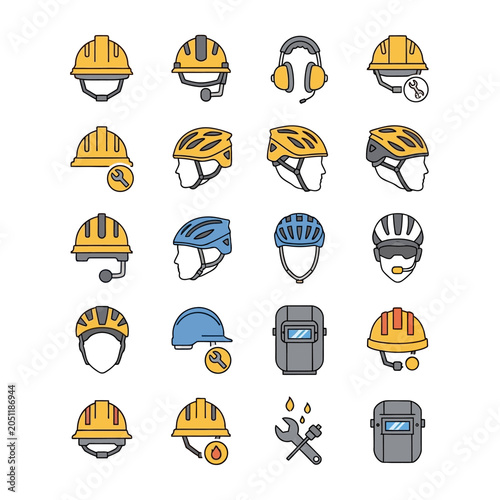 Construction safety helmet icons set industrial work equipment vector illustration