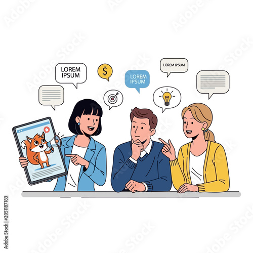 Creative team brainstorming session with digital tablet presentation