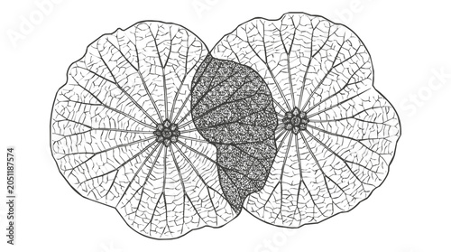 Detailed botanical illustration of lotus leaf skeleton vein patterns in elegant line art and filigree style for natural design concepts