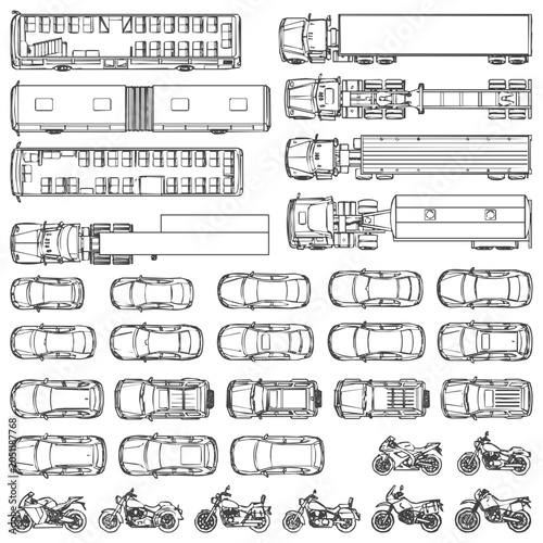 Comprehensive set of vehicle top view sketches including transport truck, car, and motorcycle icons for urban traffic and logistics planning