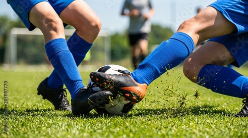 Competitive soccer players tackling for ball on green grass field, intense football match action, athletes in blue uniforms during sports competition
