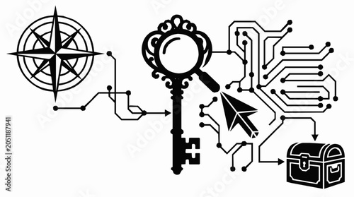 Digital connections, treasure chest, technology - Unlocking the Future: A Modern Approach to Exploration with Key, Compass, and Digital Elements