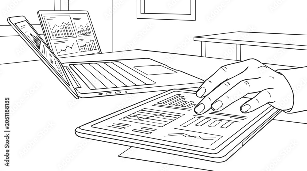 Obraz premium Professional hand interacting with business analytics and data on a digital tablet and laptop dashboard for corporate financial reporting