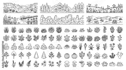 Comprehensive Hand-Drawn Set of Nature Icons and Landscape Elements with Flora Sketches to Build a Custom Outdoor Environment and Natural Scenery