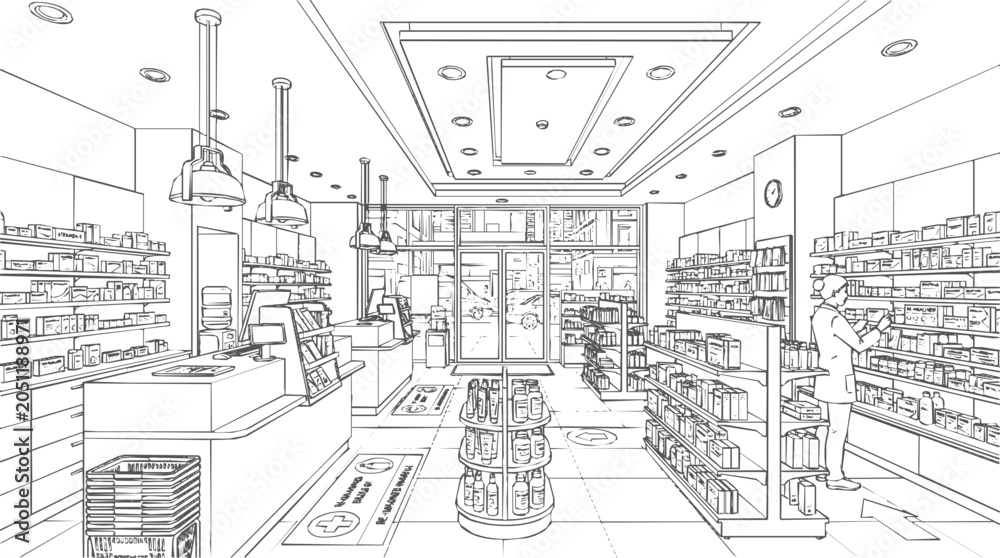Obraz premium A detailed Pharmacy Interior Sketch showing Medicine on Shelves with a professional Pharmacist working in a modern drugstore retail space