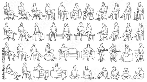 Sketch - Large Collection of Sitting People Sketches and Hand Drawn Character Illustrations in Various Poses for Architectural Scale and Creative