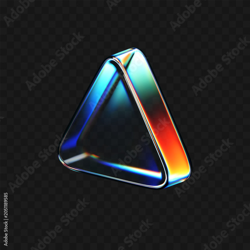 3D crystal glass triangle with holographic neon gradient and prism reflection. Render futuristic transparent triangles for UI, media buttons, tech design, digital backgrounds. 3d vector figure